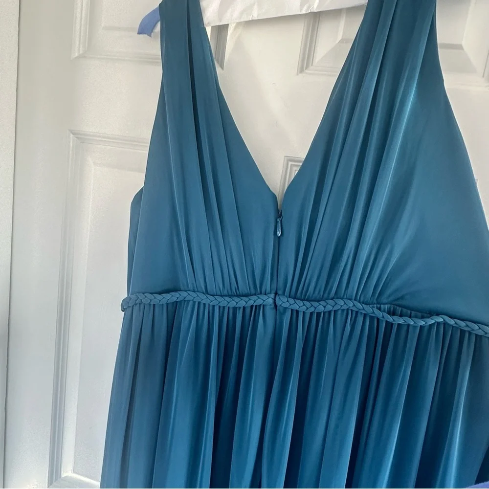 Azazie A24 TANICIA Stretch Ink Blue A-Line V-Neck Pleated Mesh Dress - Picture 6 of 6